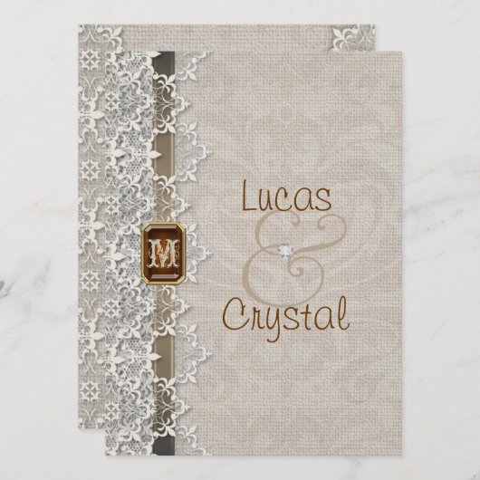 Lovely Lace & Burlap Chic Wedding Invitation Kaart (Voorkant / Achterkant)
