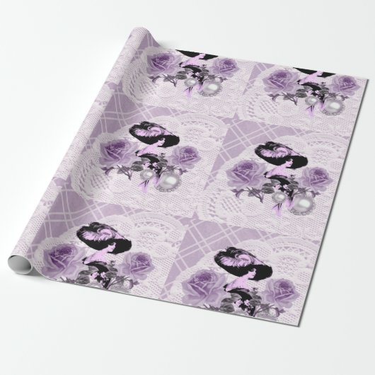 Lovely Lavender Lady  Lace Wrapping Paper Cadeaupapier (Uitgerold)