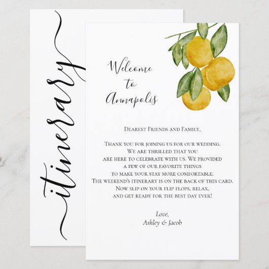 Lovely Lemon Wedding Welcome Letter, reisroute (Voorkant / Achterkant)