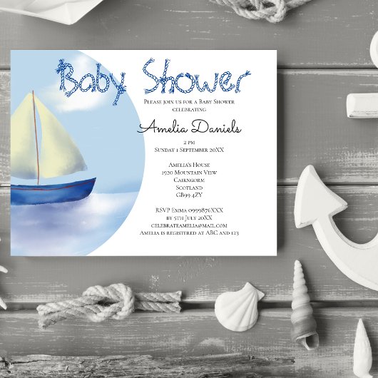 Lovely Little Blue Sailboat Baby shower per Mail Kaart