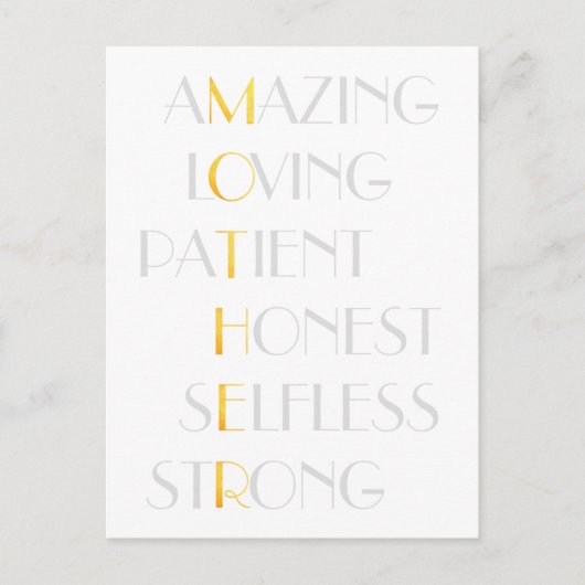 Lovely Mothers Gold Acrostic Poem Typography Gift Briefkaart (Voorkant)