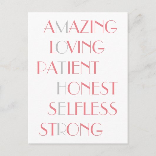 Lovely Mothers Pink Acrostic Poem Typography Gift Briefkaart (Voorkant)