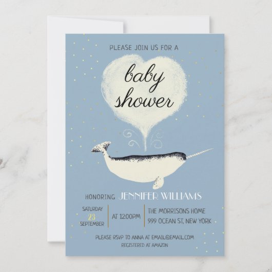 Lovely Narwhale Baby shower Blue Invitation (Voorkant)