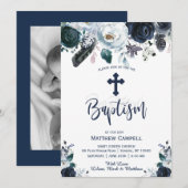 Lovely Navy Blue Roos Floral Baptism Invitation Feestdagenkaart (Voorkant / Achterkant)