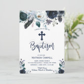 Lovely Navy Blue Roos Floral Baptism Invitation Feestdagenkaart (Staand voorkant)