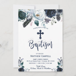 Lovely Navy Blue Roos Floral Baptism Invitation Feestdagenkaart