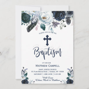 Lovely Navy Blue Roos Floral Baptism Invitation Feestdagenkaart