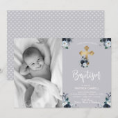 Lovely Navy Blue Roos Floral Baptism Invitation Feestdagenkaart (Voorkant / Achterkant)