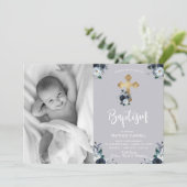 Lovely Navy Blue Roos Floral Baptism Invitation Feestdagenkaart (Staand voorkant)