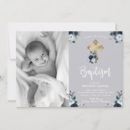 Lovely Navy Blue Roos Floral Baptism Invitation Feestdagenkaart
