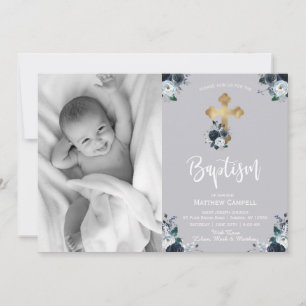 Lovely Navy Blue Roos Floral Baptism Invitation Feestdagenkaart