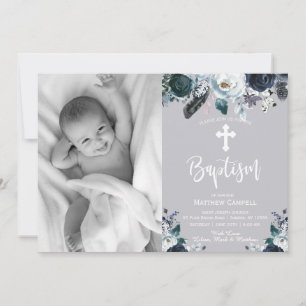 Lovely Navy Blue Roos Floral Baptism Invitation Feestdagenkaart