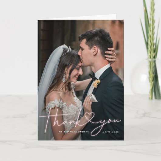 Lovely Neon Pink Heart Weduwfoto Bedankkaart (Voorkant)