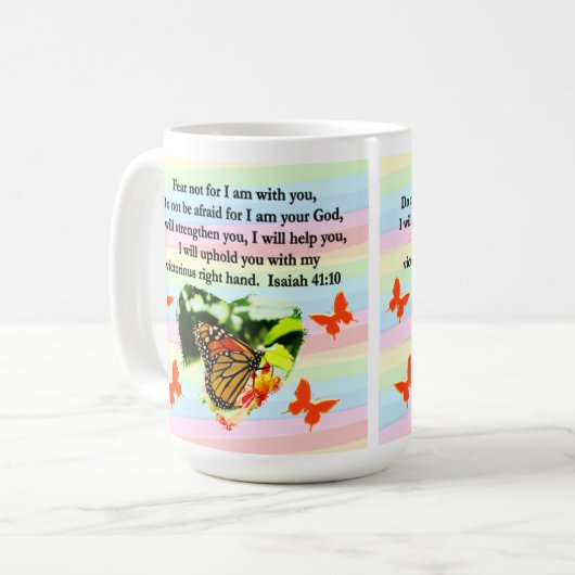 LOVELY ORANJE BUTTERFLY ISAIAH 41:10 ONTWERP KOFFIEMOK (Voorkant links)
