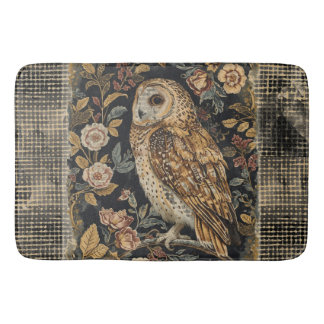 Lovely Owl in the Flowers Garden ,Gold Checkered , Badmat