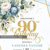 Lovely pale blue gold florals 90th birthday invite kaart