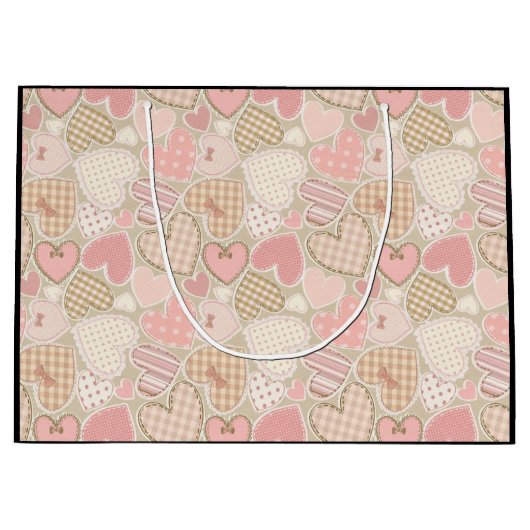 Lovely Patchwork Quilt Pattern Pink Hearts Bows Groot Cadeauzakje (Voorkant)