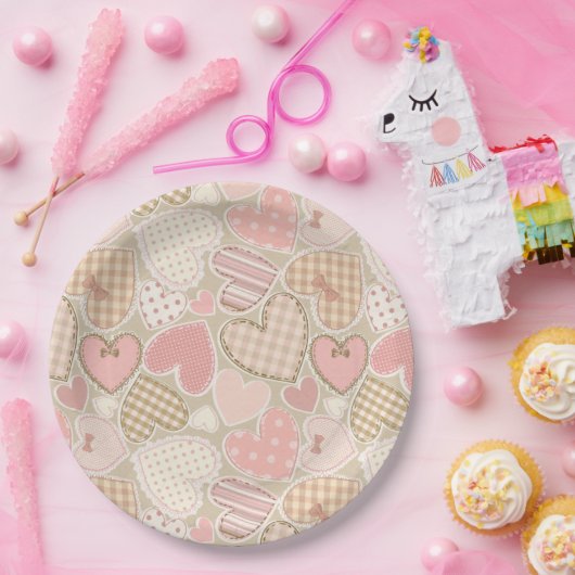 Lovely Patchwork Quilt Pattern Pink Hearts Bows Papieren Bordje (Feest)