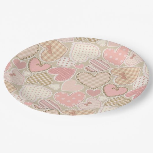 Lovely Patchwork Quilt Pattern Pink Hearts Bows Papieren Bordje (Gekanteld)
