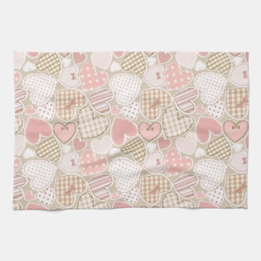Lovely Patchwork Quilt Pattern Pink Hearts Bows Theedoek (Horizontaal)