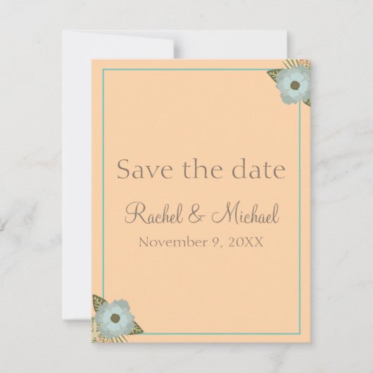 Lovely Peach and Blauwgroen Wedding Affair Save The Date (Voorkant)