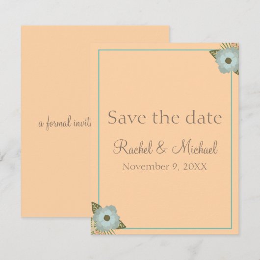 Lovely Peach and Blauwgroen Wedding Affair Save The Date (Voorkant / Achterkant)