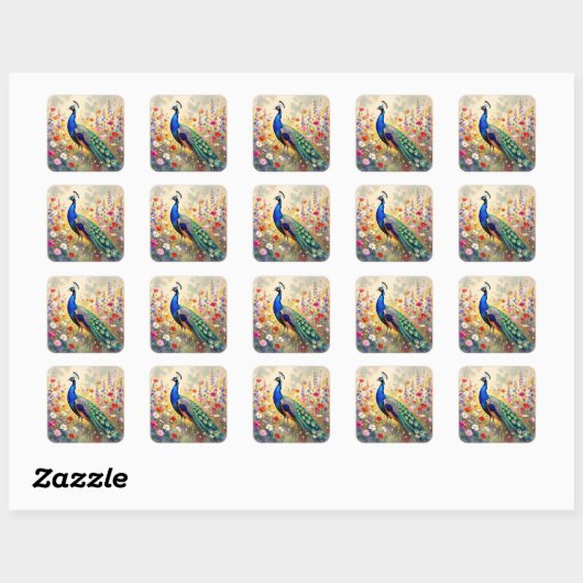 Lovely Peacock in Field of Flowers Vierkante Sticker (Vel)