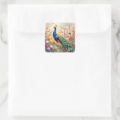 Lovely Peacock in Field of Flowers Vierkante Sticker (Tas)