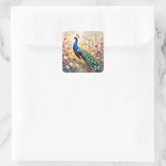 Lovely Peacock in Field of Flowers Vierkante Sticker (Tas)