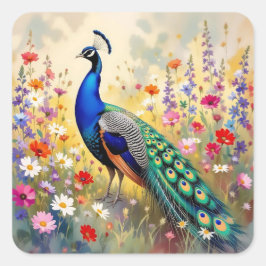 Lovely Peacock in Field of Flowers Vierkante Sticker