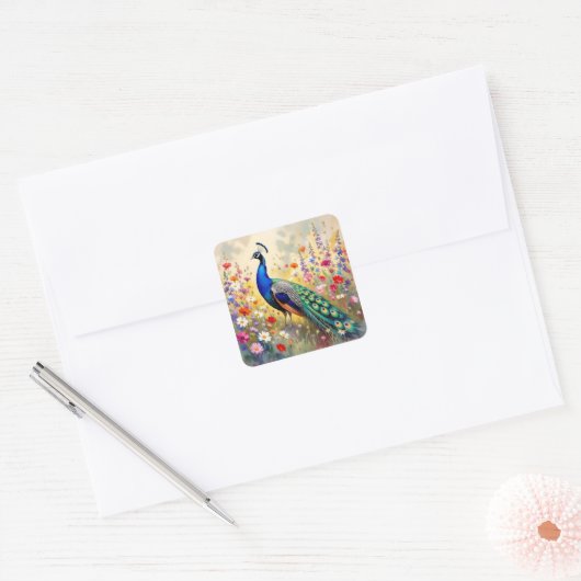 Lovely Peacock in Field of Flowers Vierkante Sticker (Envelop)