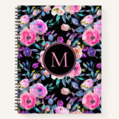 Lovely Pink Black Floral Monogram Notitieboek (Voorkant)