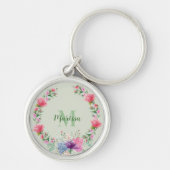 Lovely Pink Blue Paars Floral Wreath Monogrammed Sleutelhanger (Voorkant)