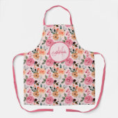Lovely Pink, Oranje Tan Floral Monogrammen Schort (Voorkant)