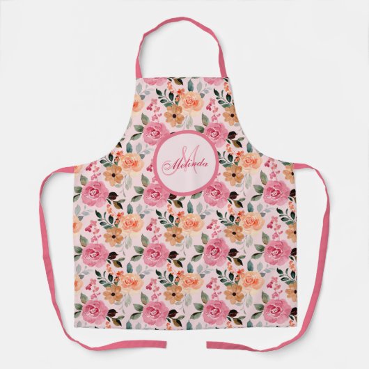 Lovely Pink, Oranje Tan Floral Monogrammen Schort (Voorkant)