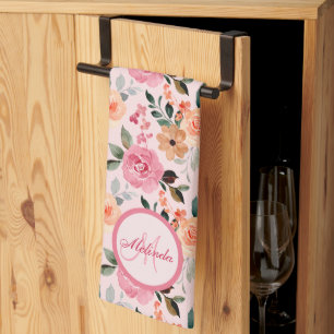 Lovely Pink, Oranje Tan Floral Monogrammen Theedoek