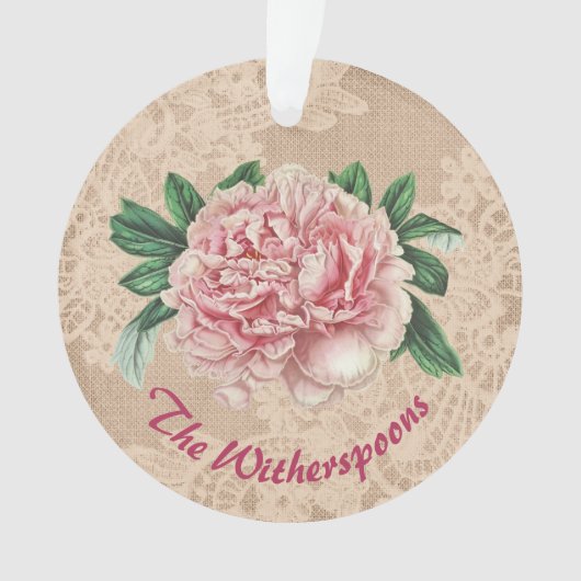 Lovely Pink Peony op roze faux kant Ornament (voorkant)