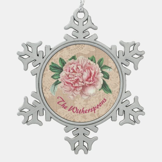 Lovely Pink Peony op roze faux kant Tin Sneeuwvlok Ornament (Voorkant)