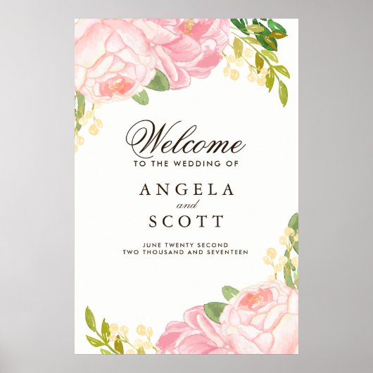 Lovely Pink Peony Welcome Sign (24x36) Poster (Voorkant)