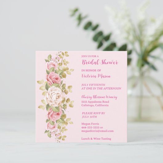 Lovely Pink Roses Bridal Shower Invitation Kaart (Staand voorkant)