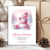 Lovely pink snowman Christmas kids card editable Feestdagenkaart