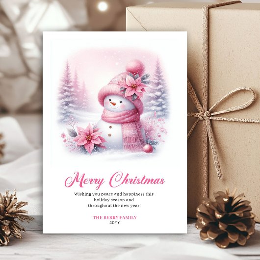 Lovely pink snowman Christmas kids card editable  Feestdagenkaart