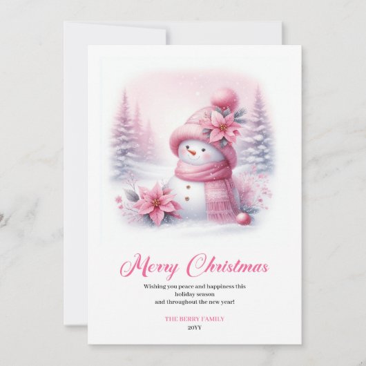 Lovely pink snowman Christmas kids card editable Feestdagenkaart (Voorkant)