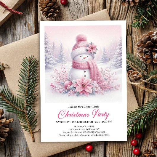 Lovely Pink Snowman Editable Christmas Kids Invite Kaart