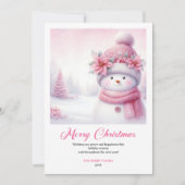 Lovely Pink Snowman Printable Christmas Scene Card Feestdagenkaart (Voorkant)