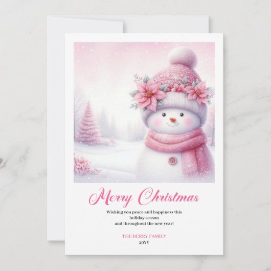 Lovely Pink Snowman Printable Christmas Scene Card Feestdagenkaart (Voorkant)