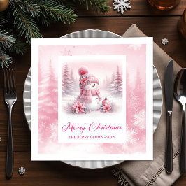 Lovely Pink Snowman Winter Forest Christmas Napkin Servet