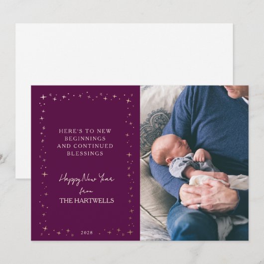Lovely Plum Starry New Year Photo Feestdagenkaart (Voorkant / Achterkant)