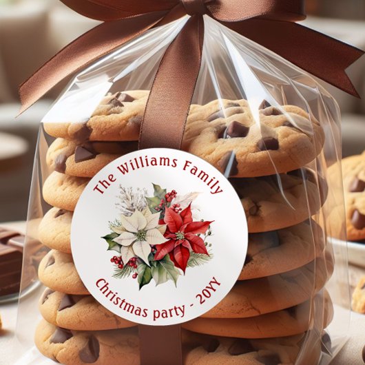 Lovely Poinsettia Floral Family Christmas Party  Ronde Sticker