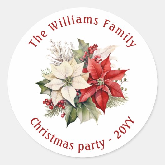 Lovely Poinsettia Floral Family Christmas Party  Ronde Sticker (Voorkant)